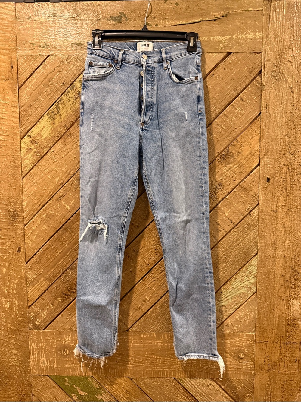 Agolde Light Blue Slim Straight Distressed Jeans
